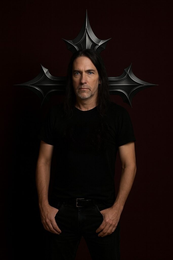 image of male with long hair, background is deep brown with cross.